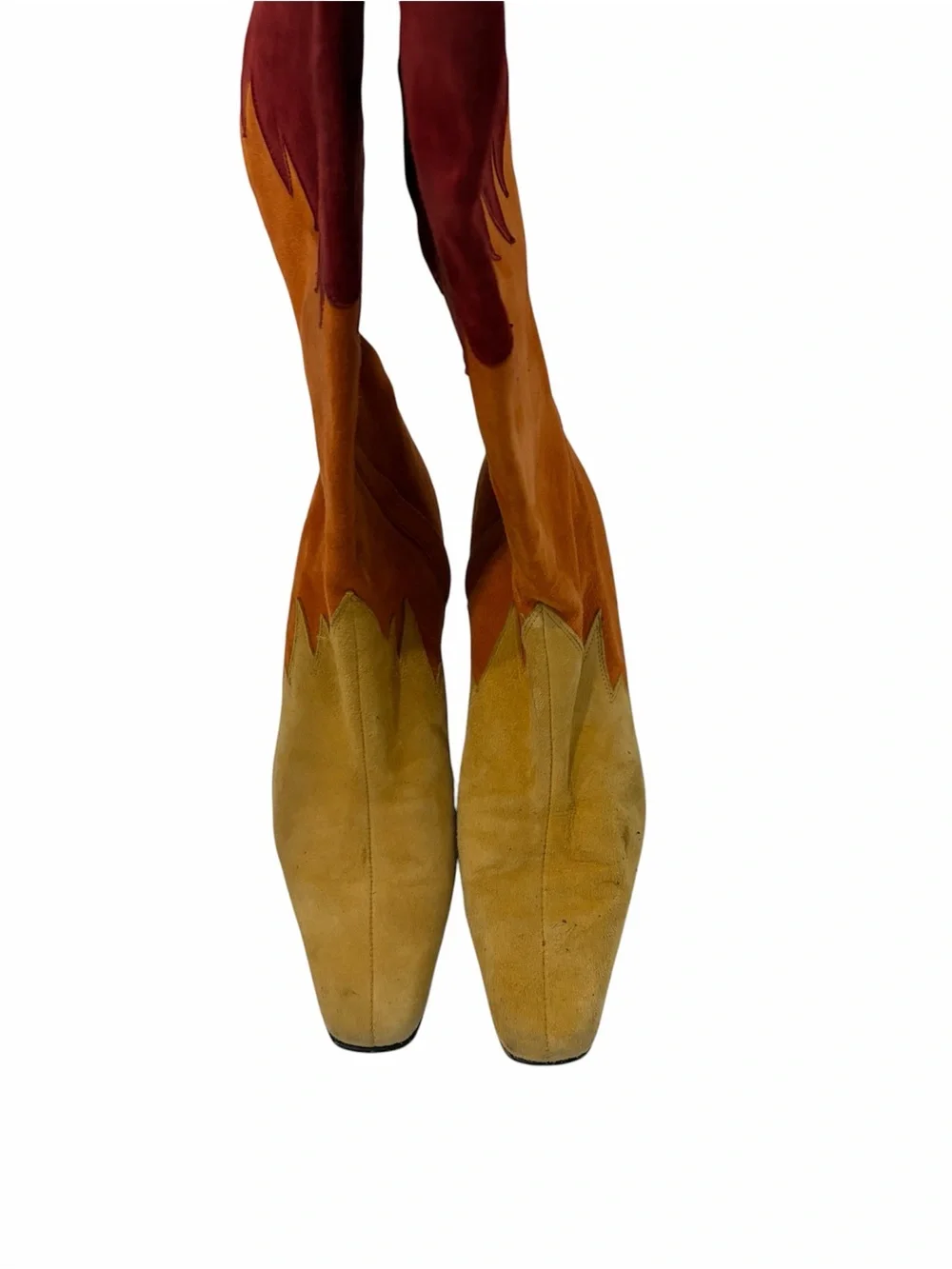 Women’s Suede Flame-Accent Knee Boots in Burgundy, Orange & Yellow